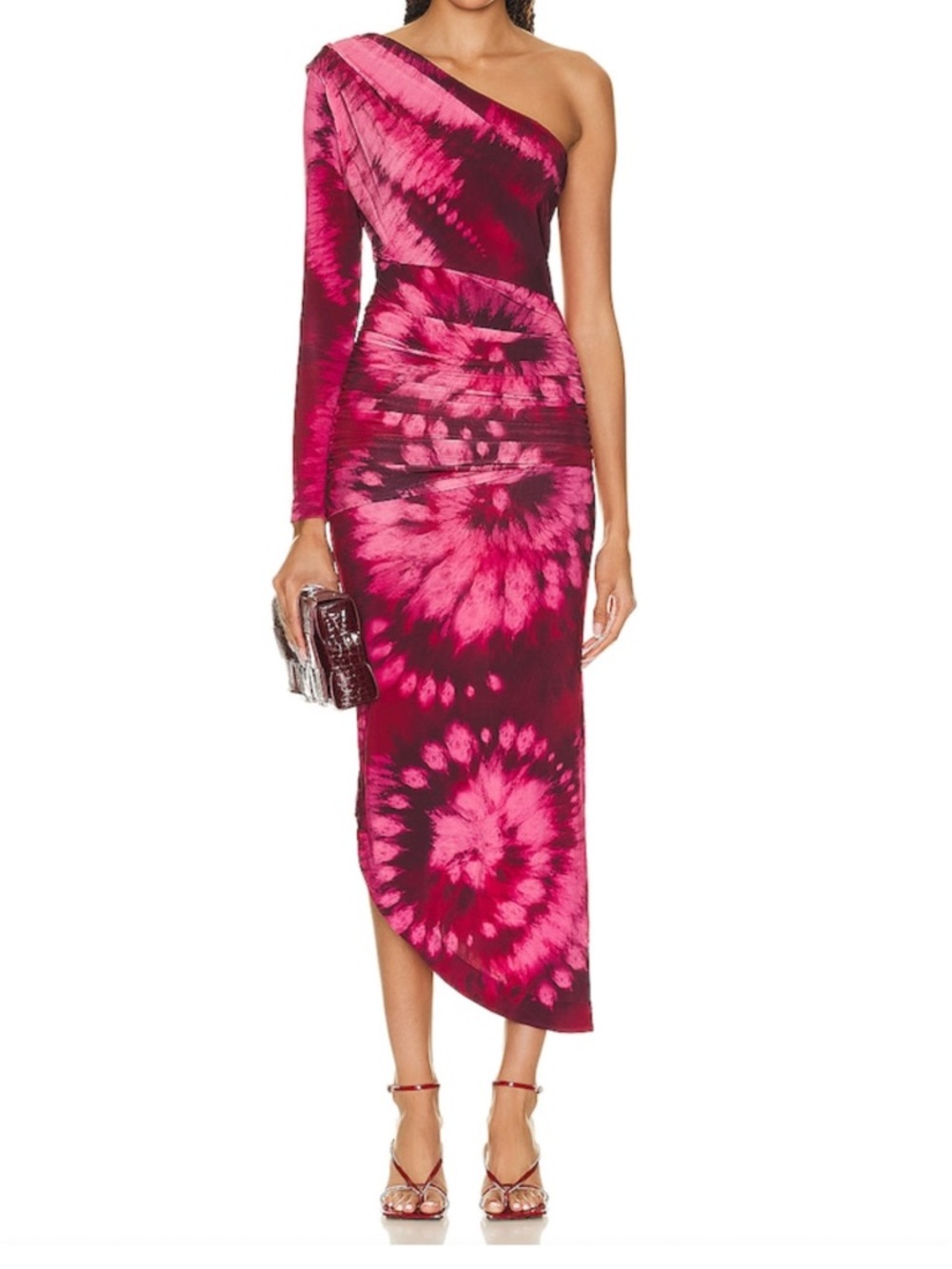 Johanna Ortiz One-Shoulder Fuchsia and Magenta Tie-Dye Midi Dress